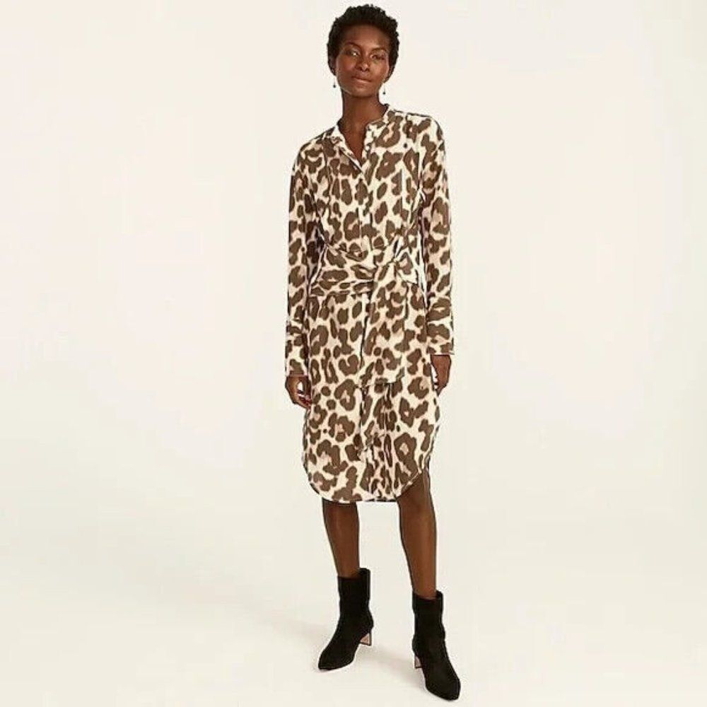 J.Crew Tie-front Silk Shirtdress In Dusty Leopard 0 NWT BB641